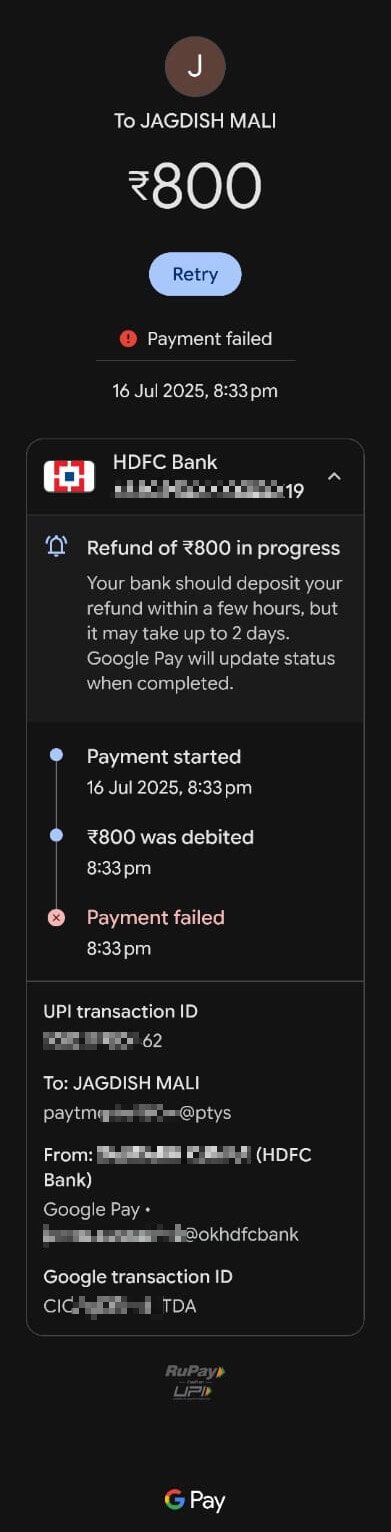 UPI payment failed screen showing money debited and the transaction reference number