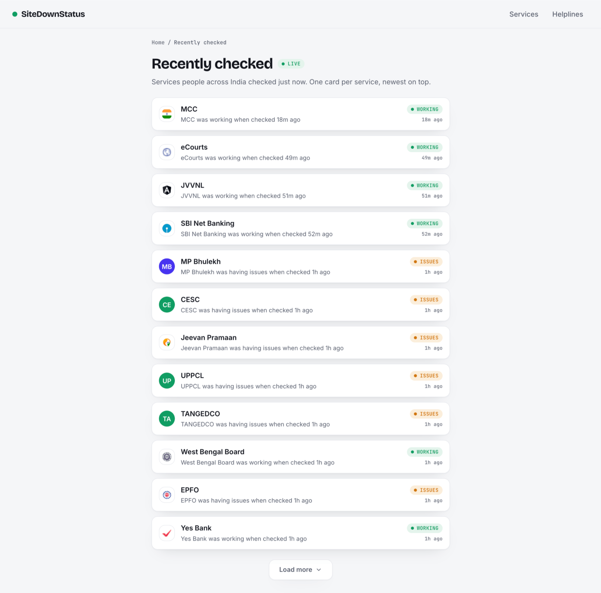 SiteDownStatus homepage showing live status for Indian apps banks and services