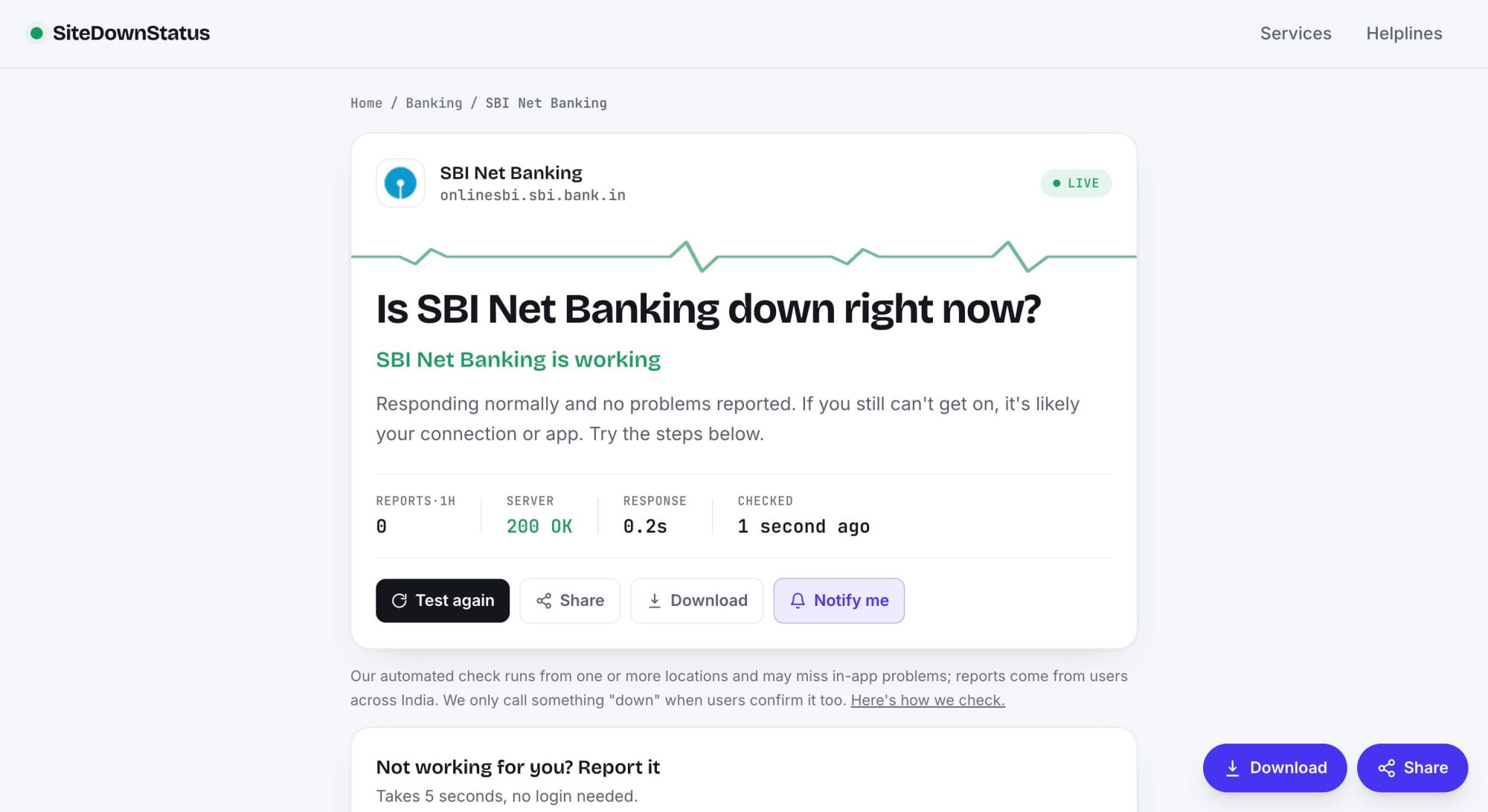 SiteDownStatus live status page for SBI showing server check result and last checked time