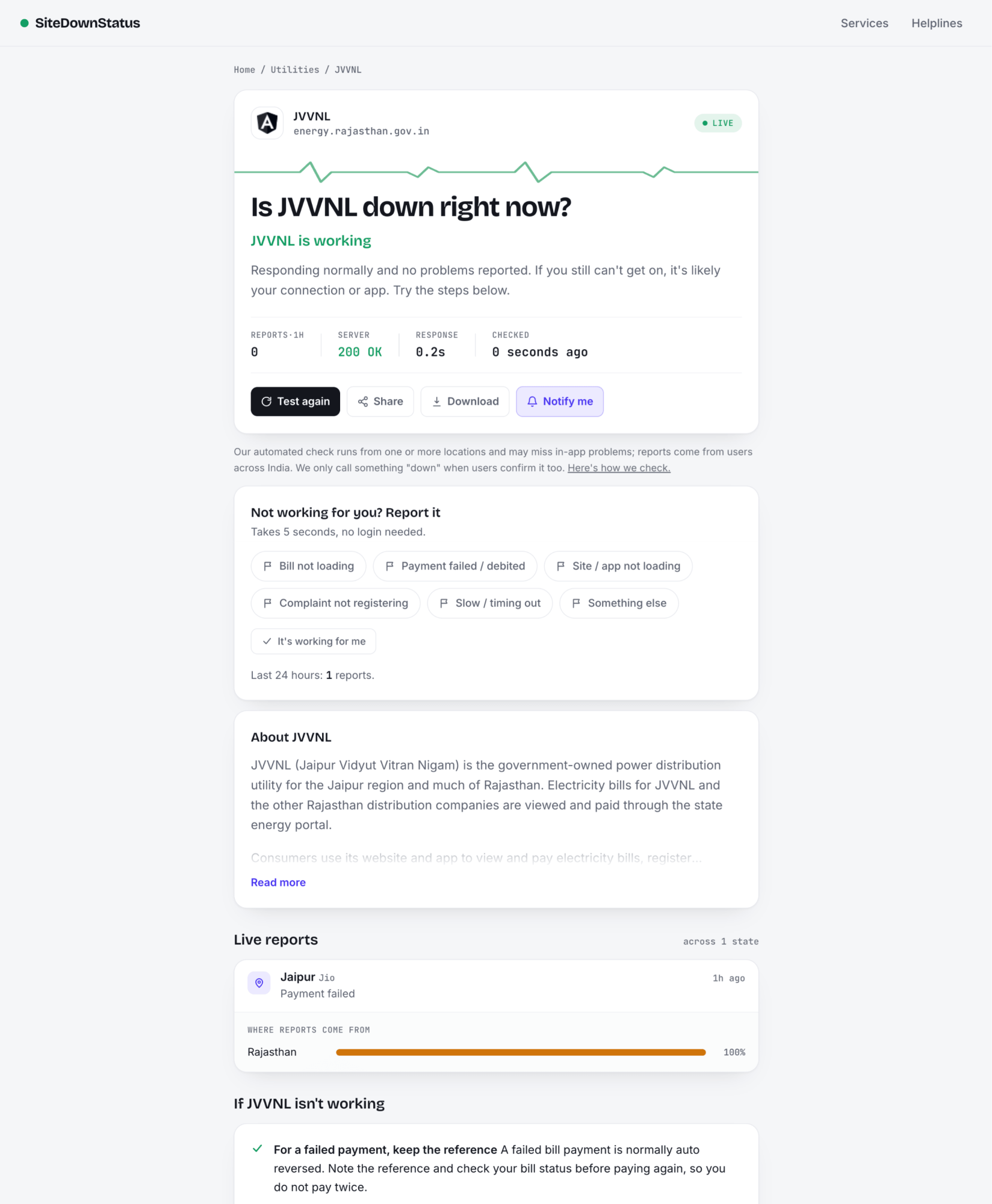 Status page showing a server responding while user reports are coming in