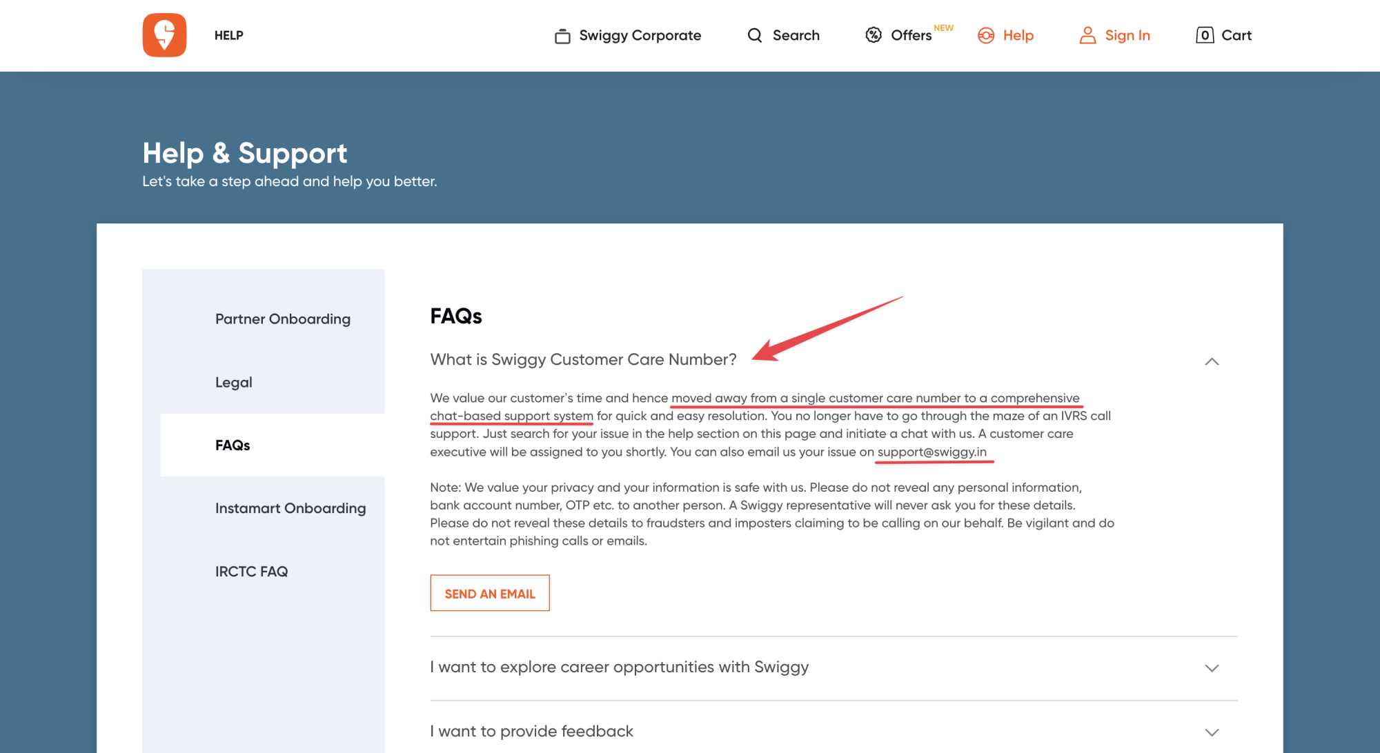 Swiggy help and support page FAQ on Customer Care Number
