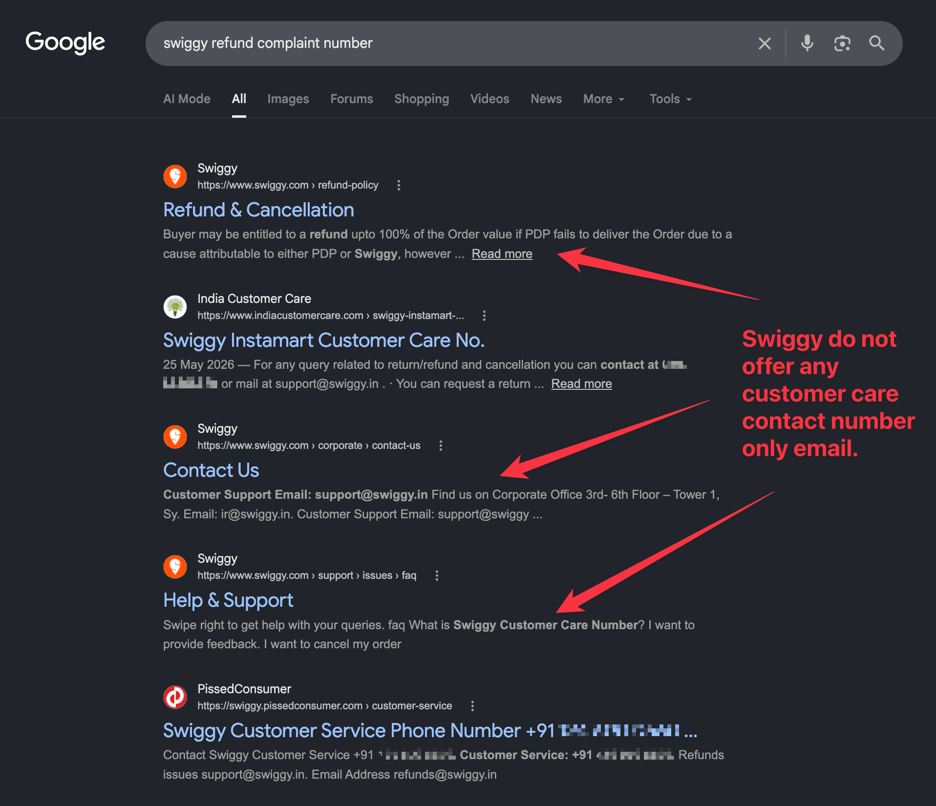Google search results for a customer care number with a fake customer care number redacted