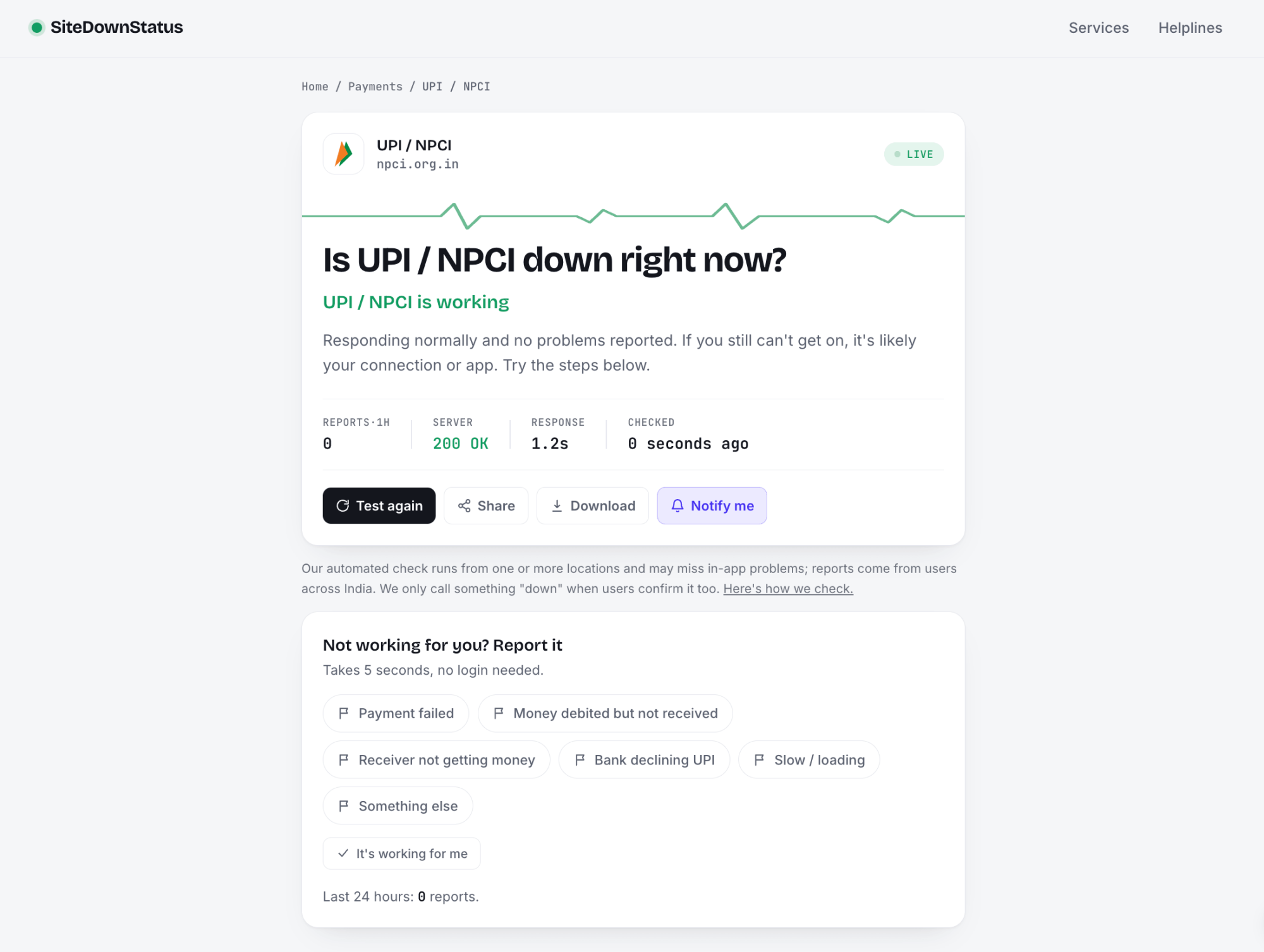SiteDownStatus live status page for UPI showing user reports across India