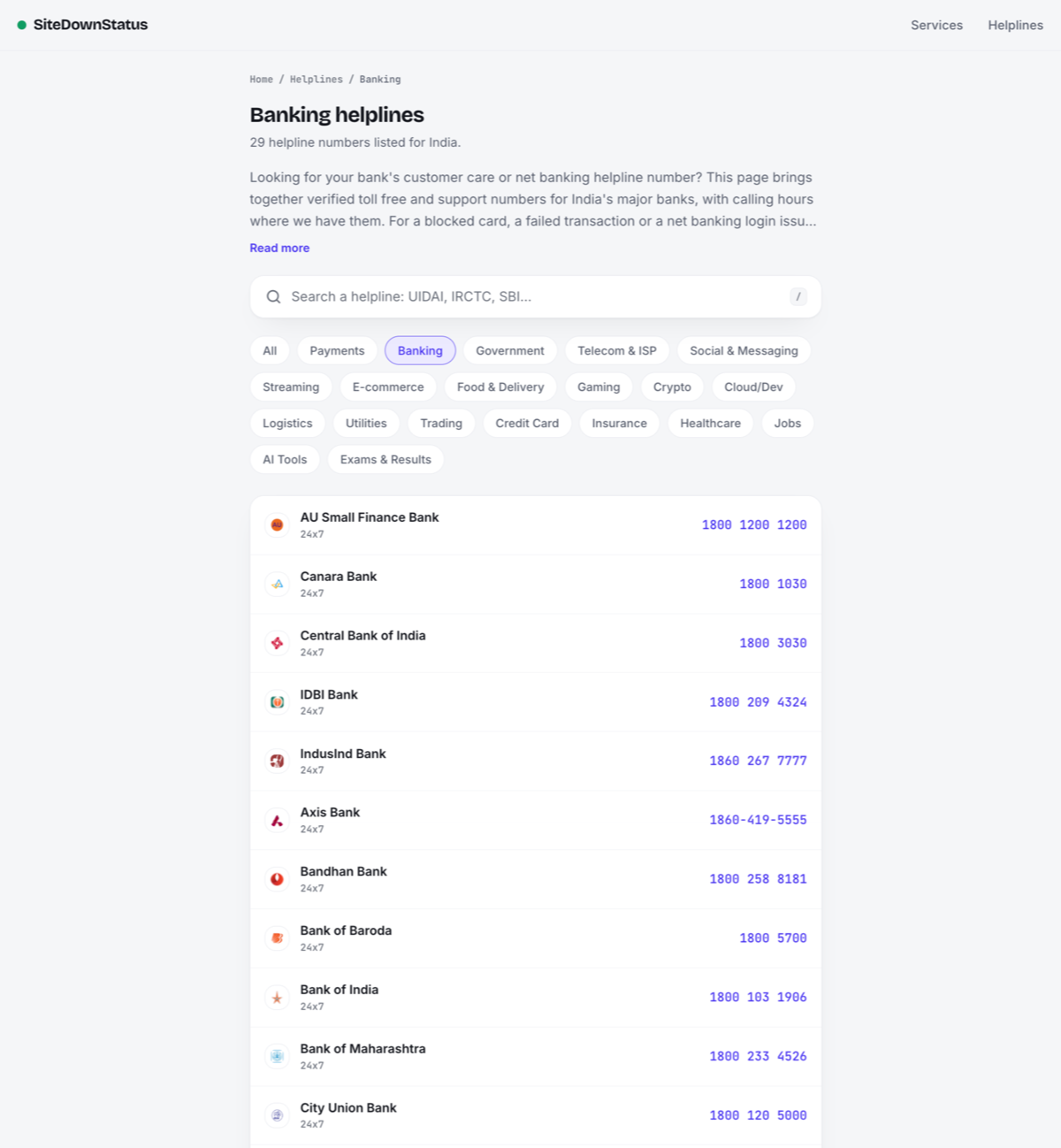 Verified helpline numbers with last verified month on SiteDownStatus