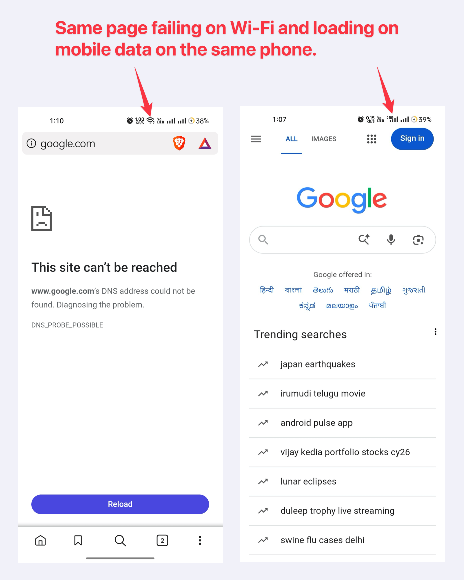 Same page failing on Wi-Fi and loading on mobile data on the same phone